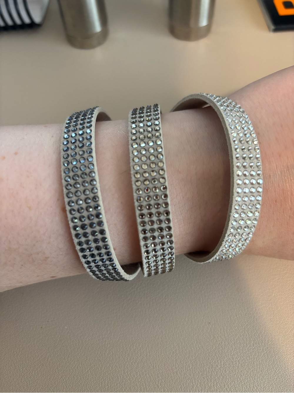 Touchstone Crystal Beige and Silver Triple Wrap Bracelet Set